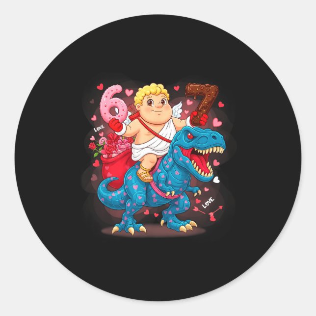 Sticker Rond 67 Valentines Day T-rex Meme Funny Cupid Six Seven (Devant)