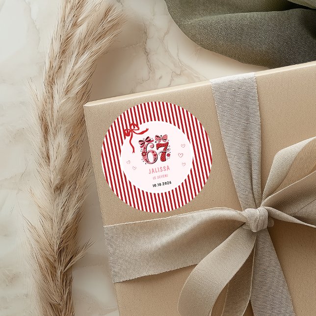 Sticker Rond 6 7 Birthday for Girls, Pink Kids 7th Birthday (6 7 round sticker for a birthday party)