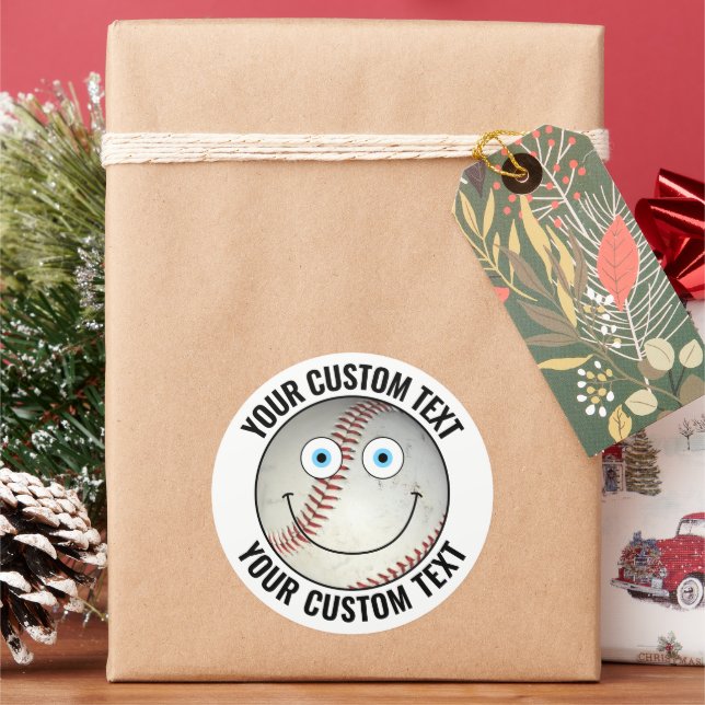 Sticker Rond 6 Baseball Texte personnalisé Happy Face 3" (vacances)