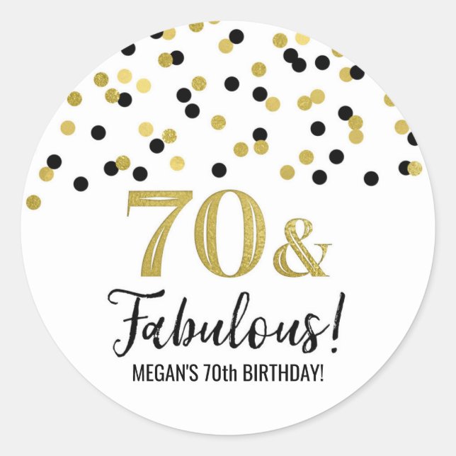 Sticker Rond 70 & Fabuleux Anniversaire Black Gold Confetti (Devant)