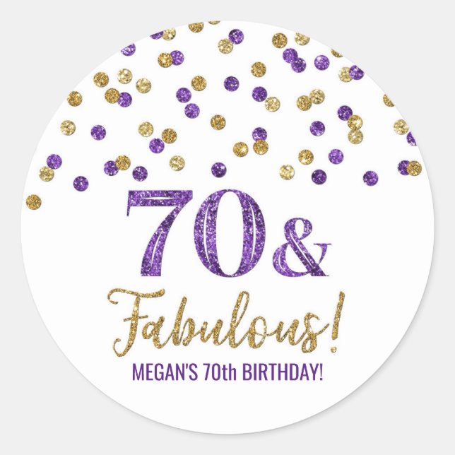 Sticker Rond 70 & Fabuleux Anniversaire Purple Gold Confetti (Devant)