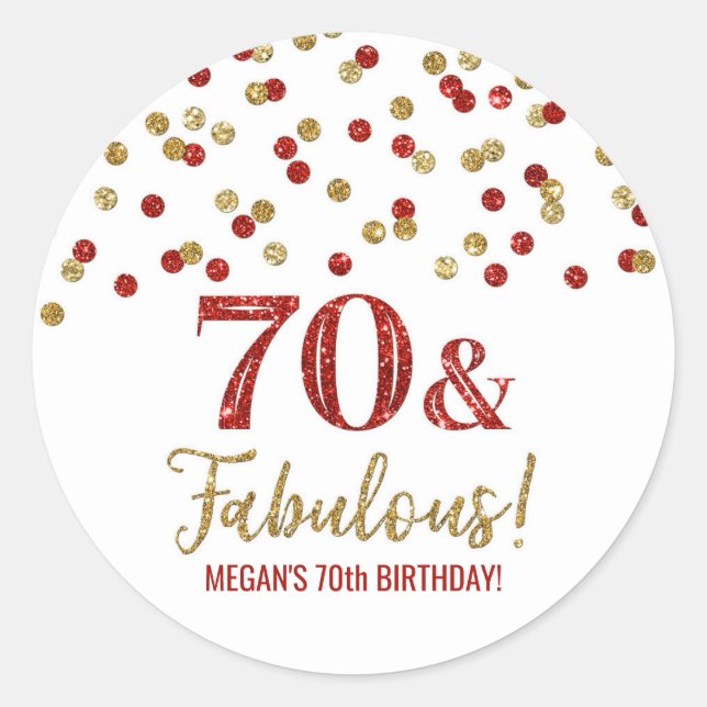 Sticker Rond 70 & Fabuleux Anniversaire Rouge Gold Confetti (Devant)