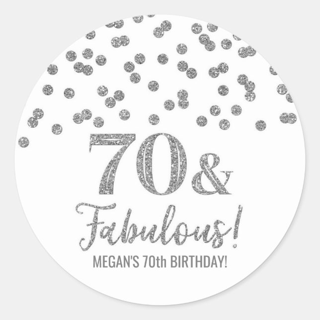 Sticker Rond 70 & Fabuleux Confetti d'argent d'anniversaire (Devant)