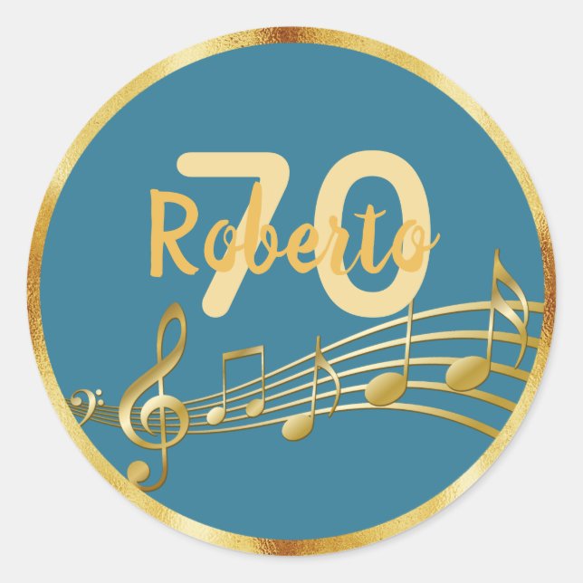 Sticker Rond 70e anniversaire de musique or notes turquoise ble (Devant)