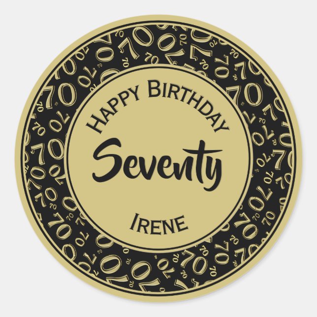Sticker Rond 70e anniversaire Numéro 70 Motif Or et noir (Devant)