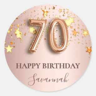 Sticker Rond 70e anniversaire rose or étoiles rose ballons poli