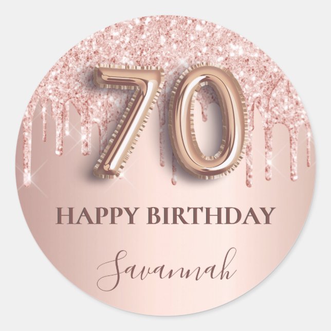 Sticker Rond 70e anniversaire rose or parties scintillant rose  (Devant)