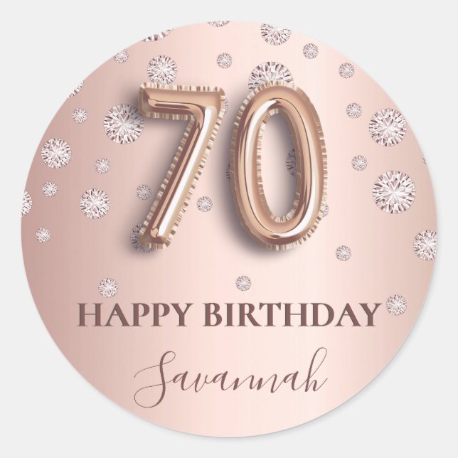 Sticker Rond 70e anniversaire rose or rose diamants police (Devant)
