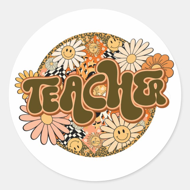 Sticker Rond 70s Style Floral "Teacher" Appreciation (Devant)