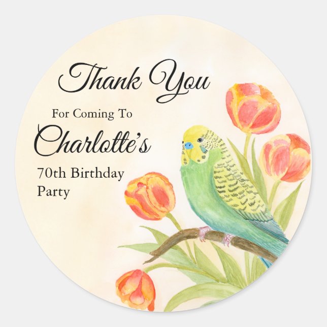 Sticker Rond 70th Birthday Party Parakeet with Tulips  (Devant)