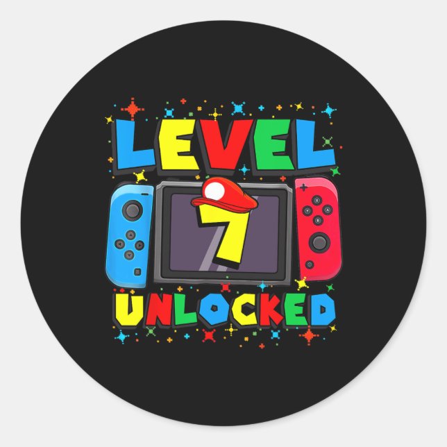 Sticker Rond 7 Joueur déverrouillé 7e jeu vidéo cadeau annivers (Devant)