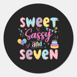 Sticker Rond 7e anniversaire fille douce Sassy et sept Donut 7 