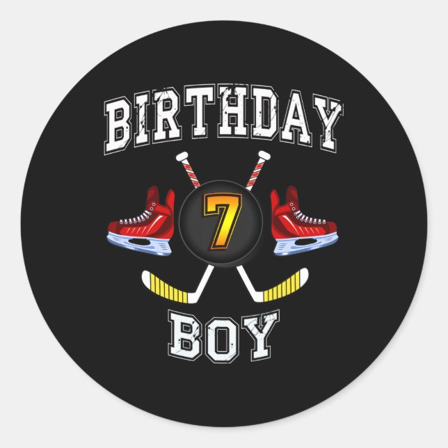 Sticker Rond 7e anniversaire garçon - Hockey sur glace 7 ans en (Devant)