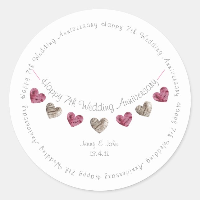 Sticker Rond 7e anniversaire mariage battement de coeur de lain (Devant)