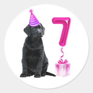 Sticker Rond 7e anniversaire Thème de chiot - mignon chien rose