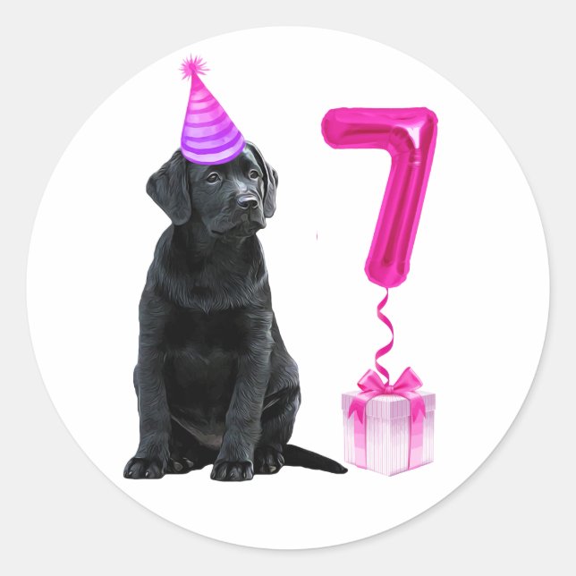 Sticker Rond 7e anniversaire Thème de chiot - mignon chien rose (Devant)