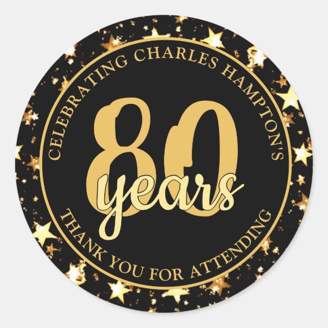 Sticker Rond 80e anniversaire Black and Gold Stars MERCI (Devant)