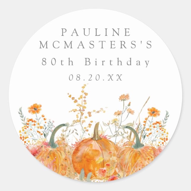 Sticker Rond 80e anniversaire Citrouille Fleur sauvage personna (Devant)