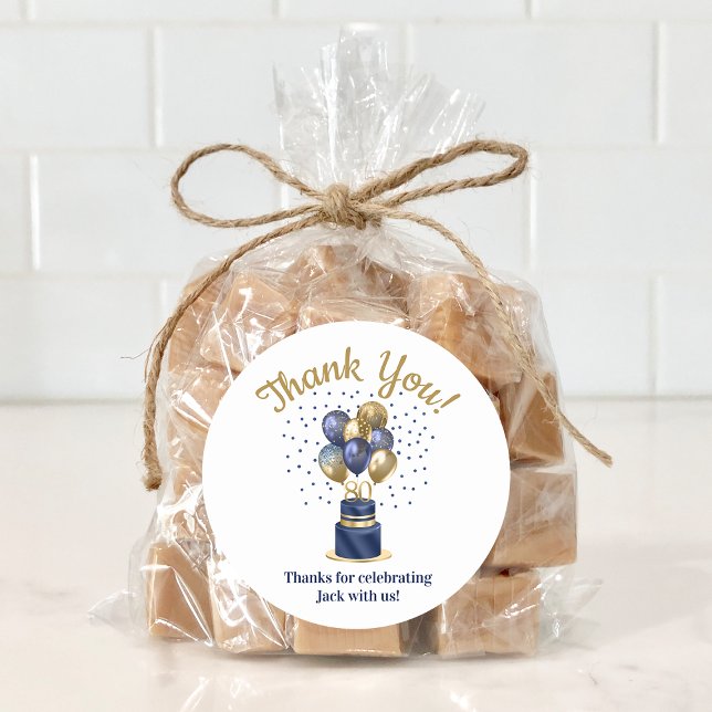 Sticker Rond 80e anniversaire Marine Blue Balloon Cake Merci (Créateur téléchargé)