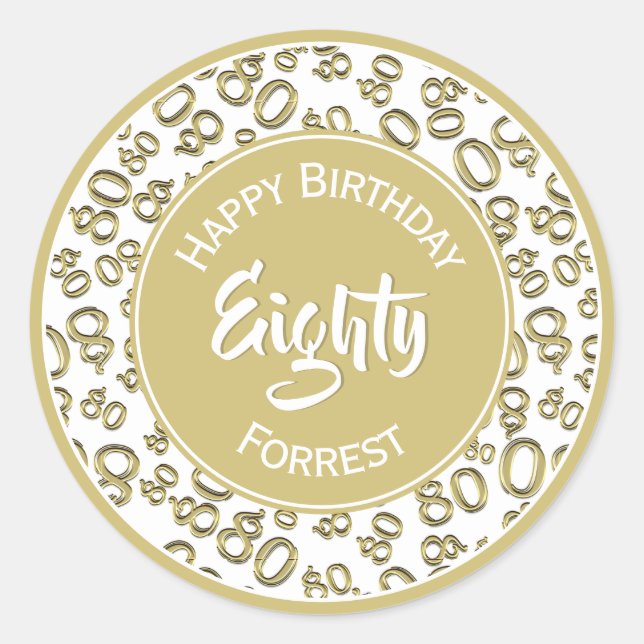 Sticker Rond 80e anniversaire Numéro 80 Motif Or et blanc (Devant)