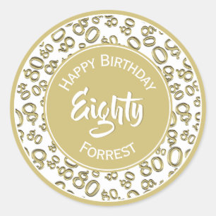 Sticker Rond 80e anniversaire Numéro 80 Motif Or et blanc