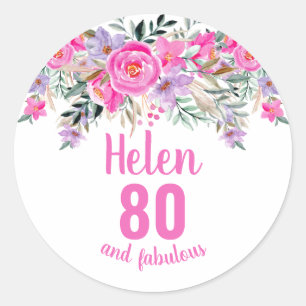 Sticker Rond 80e anniversaire rose aquarelle floral