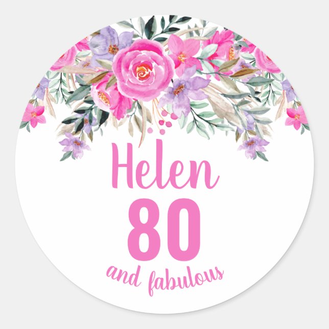 Sticker Rond 80e anniversaire rose aquarelle floral (Devant)
