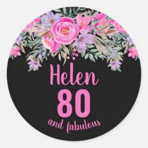 Sticker Rond 80e anniversaire rose aquarelle floral