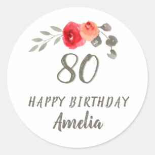 Sticker Rond 80e anniversaire Script Aquarelle Floral Femme