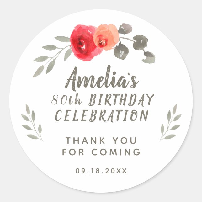 Sticker Rond 80e anniversaire Script Aquarelle Merci floral (Devant)