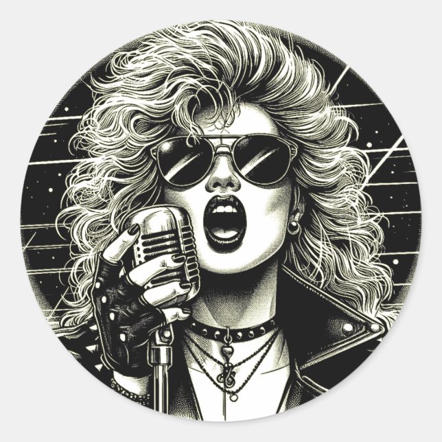 Sticker Rond 80s Rocker chick chick chanteuse encre (Devant)