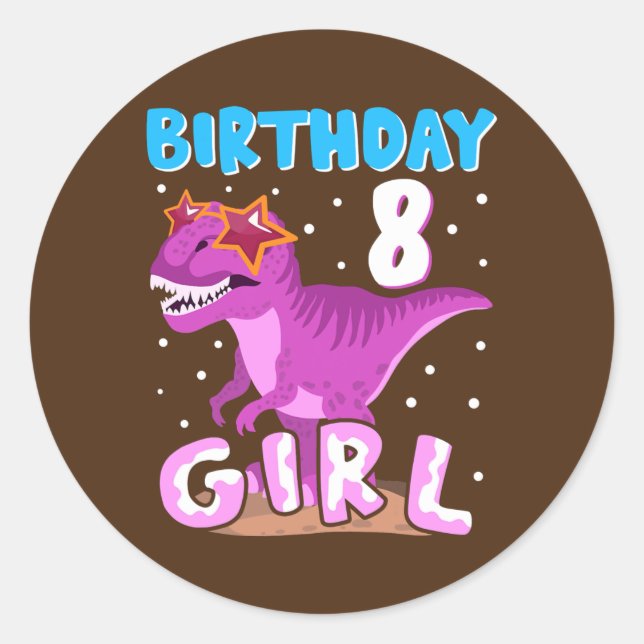 Sticker Rond 8 ans 8e anniversaire fille Dinosaur T Rex (Devant)