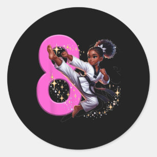Sticker Rond 8e anniversaire Black Girl Martial Arts Party Taek