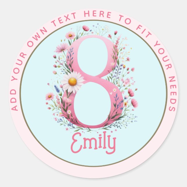 Sticker Rond 8e anniversaire Fairy Floral Pink Princess Fairyta (Devant)