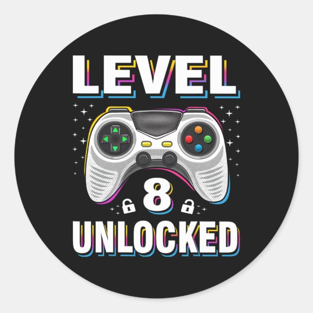 Sticker Rond 8e anniversaire Garçon niveau 8 vidéo déverrouillé (Devant)