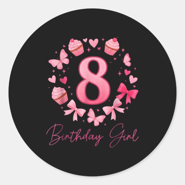 Sticker Rond 8th Birthday Girl Aesthetic Coquette Bow  (Devant)