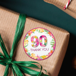 Sticker Rond 90 ans Fleurs Papillon 90e anniversaire Merci