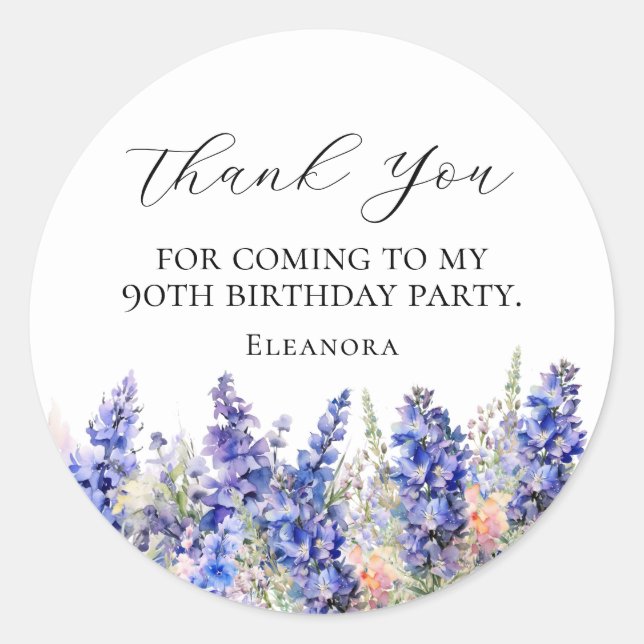 Sticker Rond 90e anniversaire bleu juillet Fleur de naissance p (Devant)