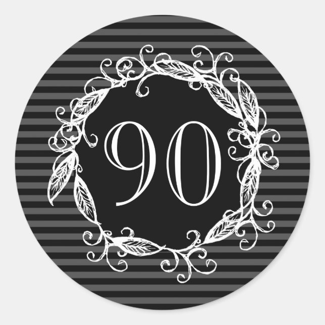 Sticker Rond 90e anniversaire femme blanc gris noir Tourbillonn (Devant)