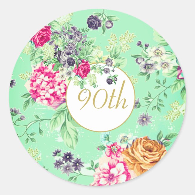 Sticker Rond 90e anniversaire Floral Anniversaire Vert Or (Devant)