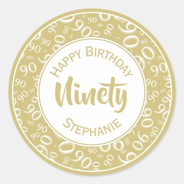 Sticker Rond 90e anniversaire Numéro Motif Or et blanc (Devant)