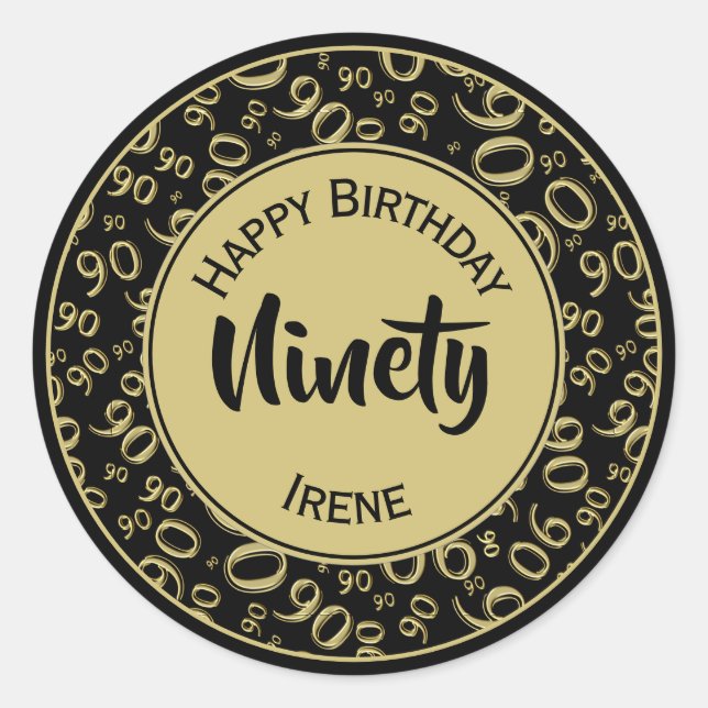 Sticker Rond 90e anniversaire Numéro Motif Or et noir (Devant)