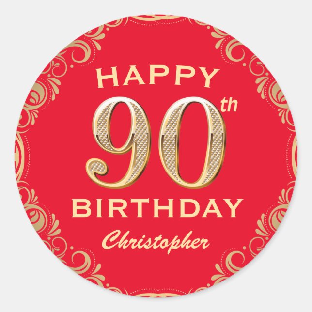 Sticker Rond 90e anniversaire Parties scintillant rouge et or (Devant)