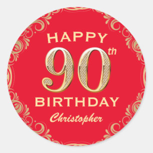 Sticker Rond 90e anniversaire Parties scintillant rouge et or