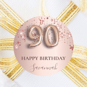 Sticker Rond 90e anniversaire rose or blush étoiles nom