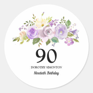 Sticker Rond 90e fête d'anniversaire Rose violet Floral