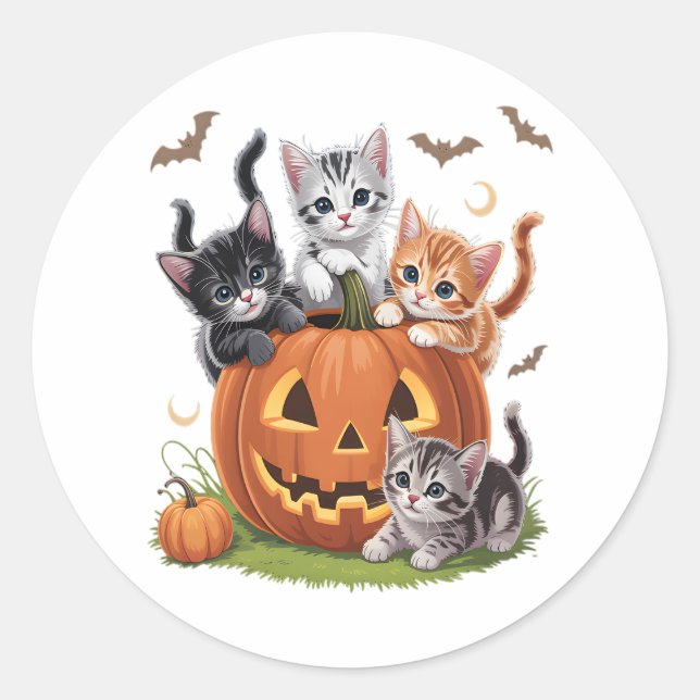 Sticker Rond 90s Citrouille Chat Halloween Floral Saison Éffray (Devant)