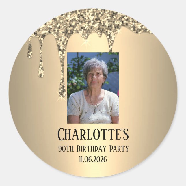 Sticker Rond 90th Ninety Elegant Birthday Party Gold (Devant)