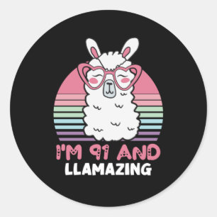Sticker Rond 91e anniversaire Llamazing Llama 91 ans Anniversai