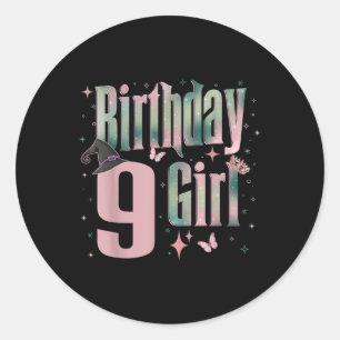 Sticker Rond 9 Anniversaire Sorcière rose et verte 9 Anniversai